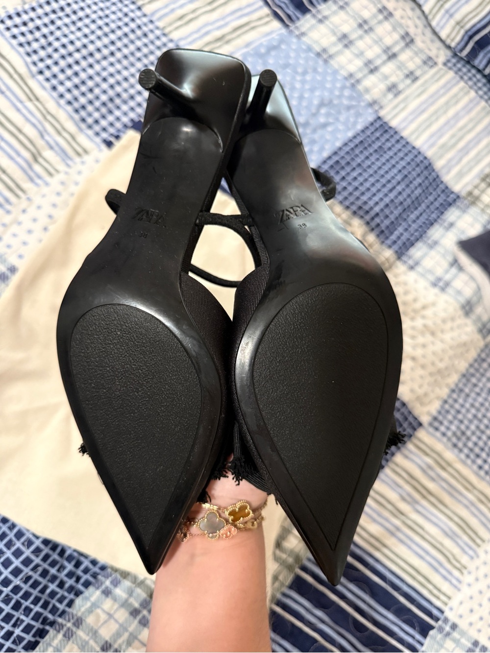 ZARA Black Pointed Bow Slingback Heels with Frayed Detail - Picture 2 of 4